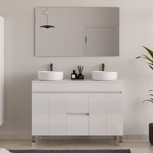 Meuble De Salle De Bain 120cm Sur Pieds Avec Plateau Et Cuves - Blanc - Haro