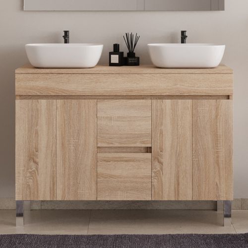 Meuble De Salle De Bain 120cm Sur Pieds Avec Plateau Et Cuves - Cambrian (chêne Clair) - Haro