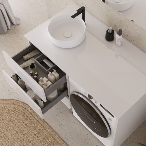 Meuble Lave Linge 124cm Avec Plateau Et Vasque Ronde - Sans Miroir - 3 Tiroirs - Blanc - Cruz