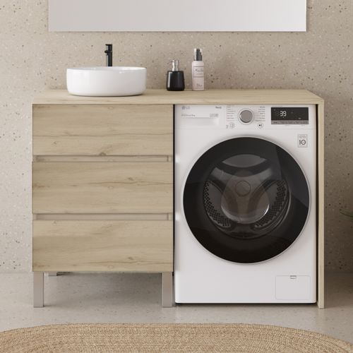 Meuble Lave Linge 124cm Avec Plateau Et Vasque Ronde - 3 Tiroirs - Nebraska (chêne Clair) - Cruz
