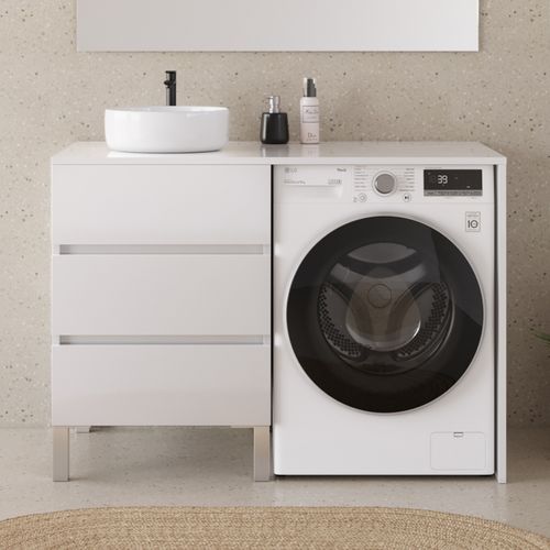 Meuble Lave Linge 124cm Avec Plateau Et Vasque Ronde - 3 Tiroirs - Blanc - Cruz