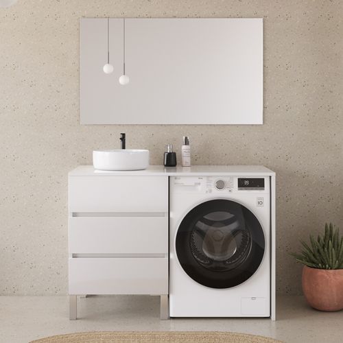 Meuble Lave Linge 124cm Avec Plateau Et Vasque Ronde - 3 Tiroirs - Blanc - Cruz