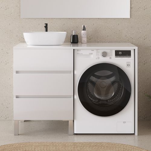 Meuble Lave Linge 124cm Avec Plateau Et Vasque Arrondie - Sans Miroir - 3 Tiroirs - Blanc - Cruz