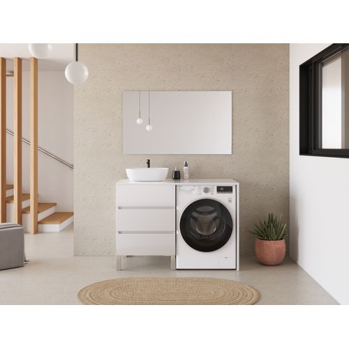 Meuble Lave Linge 124cm Avec Plateau Et Vasque Arrondie - 3 Tiroirs - Blanc - Cruz