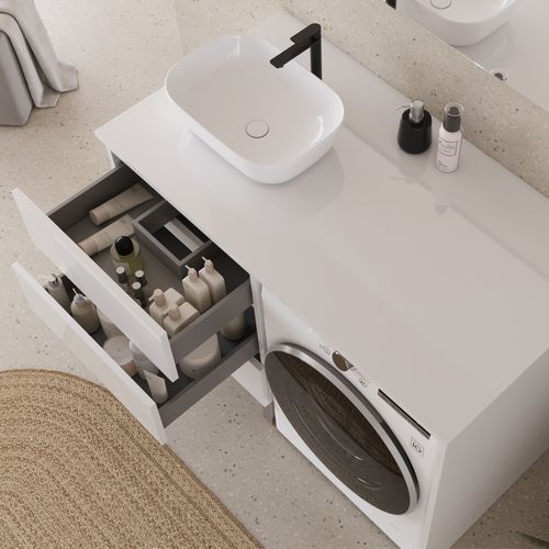 Meuble Lave Linge 124cm Avec Plateau Et Vasque Arrondie - 3 Tiroirs - Blanc - Cruz