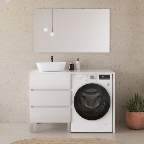 Meuble Lave Linge 124cm Avec Plateau Et Vasque Arrondie - 3 Tiroirs - Blanc - Cruz