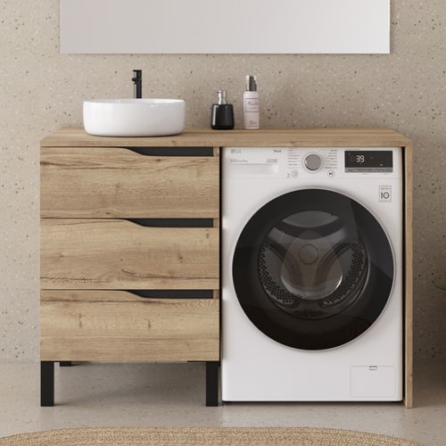 Meuble Lave Linge 124cm Avec Plateau Et Vasque Ronde - Sans Miroir - 3 Tiroirs - Madera Miel - Santa