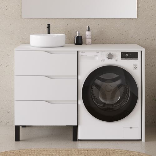 Meuble Lave Linge 124cm Avec Plateau Et Vasque Ronde - Sans Miroir - 3 Tiroirs - Blanc - Santa