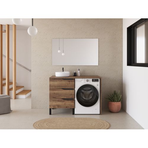 Meuble Lave Linge 124cm Avec Plateau Et Vasque Ronde - 3 Tiroirs - Tabacco (chêne Foncé) - Santa