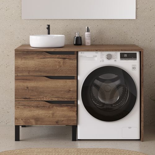 Meuble Lave Linge 124cm Avec Plateau Et Vasque Ronde - 3 Tiroirs - Tabacco (chêne Foncé) - Santa
