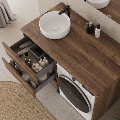 Meuble Lave Linge 124cm Avec Plateau Et Vasque Ronde - 3 Tiroirs - Tabacco (chêne Foncé) - Santa
