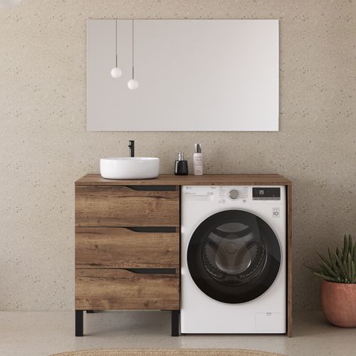 Meuble Lave Linge 124cm Avec Plateau Et Vasque Ronde - 3 Tiroirs - Tabacco (chêne Foncé) - Santa