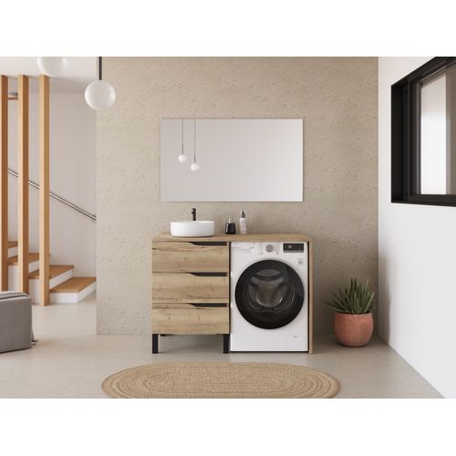 Meuble Lave Linge 124cm Avec Plateau Et Vasque Ronde - 3 Tiroirs - Madera Miel - Santa