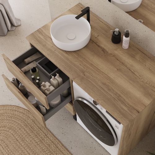 Meuble Lave Linge 124cm Avec Plateau Et Vasque Ronde - 3 Tiroirs - Madera Miel - Santa