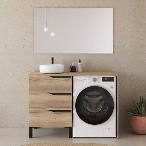 Meuble Lave Linge 124cm Avec Plateau Et Vasque Ronde - 3 Tiroirs - Madera Miel - Santa