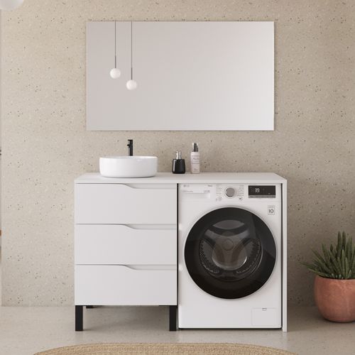 Meuble Lave Linge 124cm Avec Plateau Et Vasque Ronde - 3 Tiroirs - Blanc - Santa