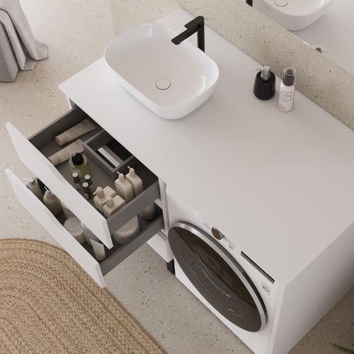 Meuble Lave Linge 124cm Avec Plateau Et Vasque Arrondie - Sans Miroir - 3 Tiroirs - Blanc - Santa