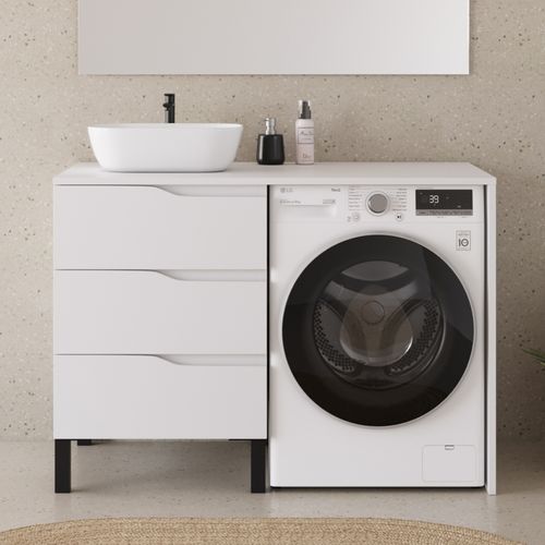 Meuble Lave Linge 124cm Avec Plateau Et Vasque Arrondie - Sans Miroir - 3 Tiroirs - Blanc - Santa