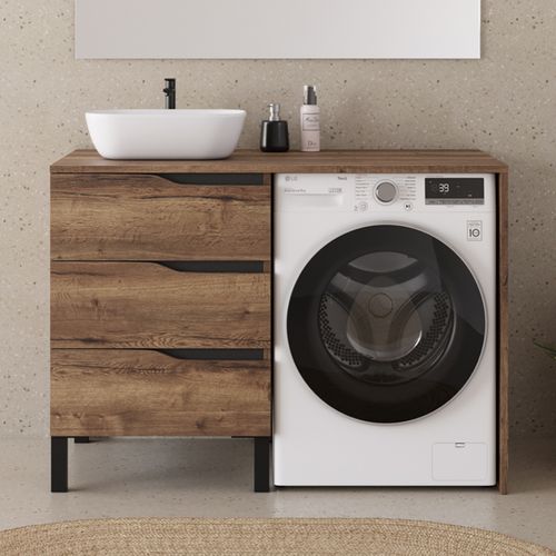 Meuble Lave Linge 124cm Avec Plateau Et Vasque Arrondie - 3 Tiroirs - Tabacco (chêne Foncé) - Santa