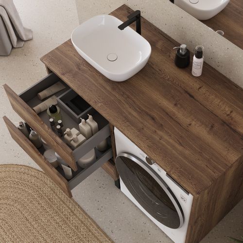 Meuble Lave Linge 124cm Avec Plateau Et Vasque Arrondie - 3 Tiroirs - Tabacco (chêne Foncé) - Santa
