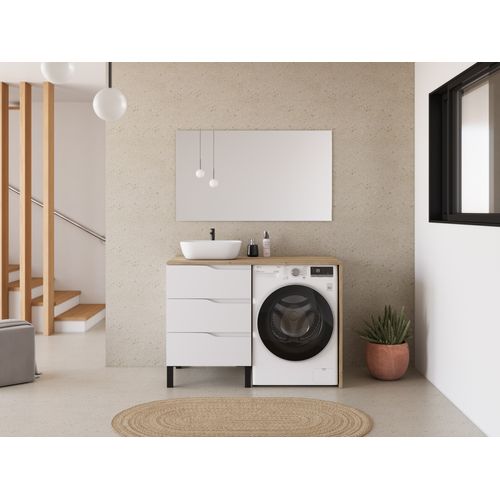 Meuble Lave Linge 124cm Avec Plateau Miel Et Vasque Arrondie - 3 Tiroirs - Blanc/madera Miel - Santa