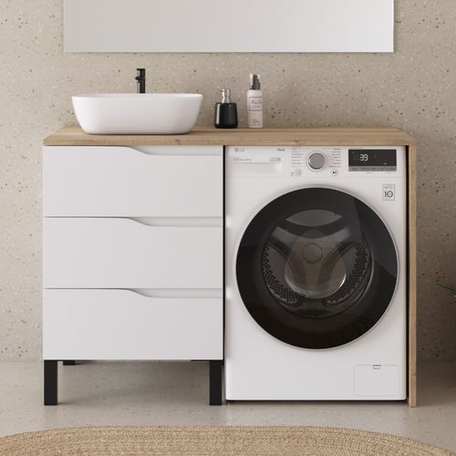 Meuble Lave Linge 124cm Avec Plateau Miel Et Vasque Arrondie - 3 Tiroirs - Blanc/madera Miel - Santa