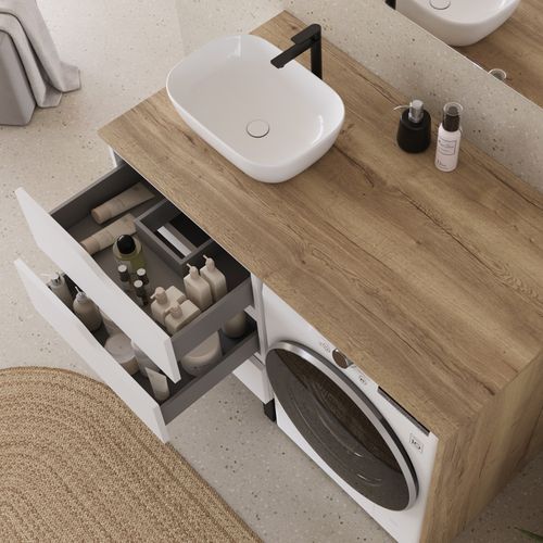 Meuble Lave Linge 124cm Avec Plateau Miel Et Vasque Arrondie - 3 Tiroirs - Blanc/madera Miel - Santa