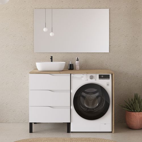 Meuble Lave Linge 124cm Avec Plateau Miel Et Vasque Arrondie - 3 Tiroirs - Blanc/madera Miel - Santa