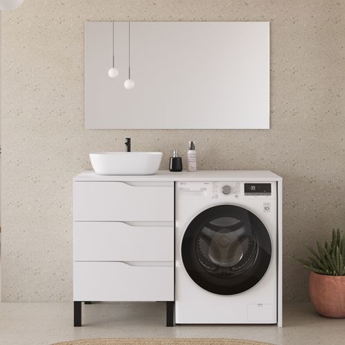 Meuble Lave Linge 124cm Avec Plateau Et Vasque Arrondie - 3 Tiroirs - Blanc - Santa