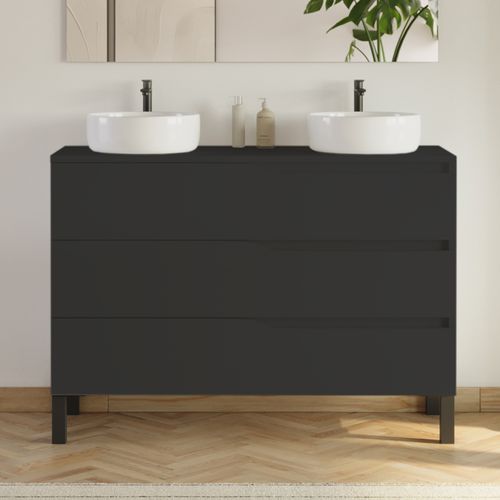 Meuble De Salle De Bain 120cm Avec Plateau Et 2 Vasques à Poser Ares - 3 Tiroirs - Noir - Mata