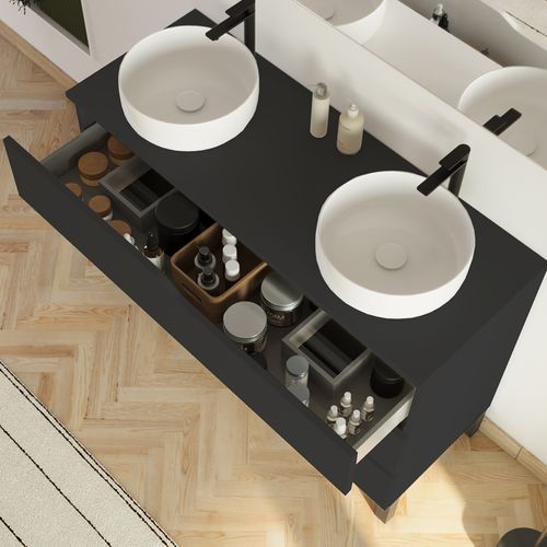 Meuble De Salle De Bain 120cm Avec Plateau Et 2 Vasques à Poser Ares - 3 Tiroirs - Noir - Mata