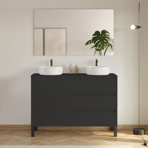 Meuble De Salle De Bain 120cm Avec Plateau Et 2 Vasques à Poser Ares - 3 Tiroirs - Noir - Mata