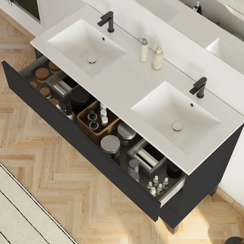 Meuble De Salle De Bain 120cm Avec Plan Double Vasque - 3 Tiroirs - Sans Miroir - Noir - Mata