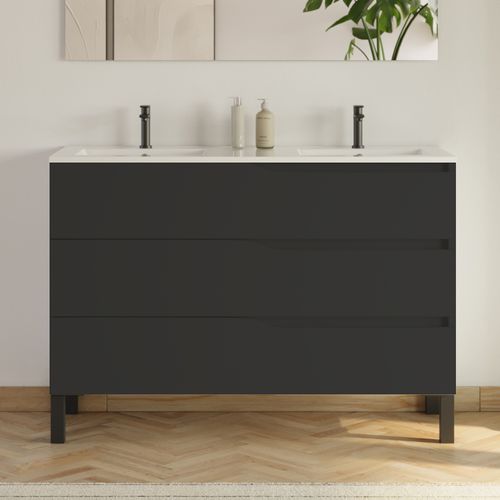 Meuble De Salle De Bain 120cm Avec Plan Double Vasque - 3 Tiroirs - Sans Miroir - Noir - Mata