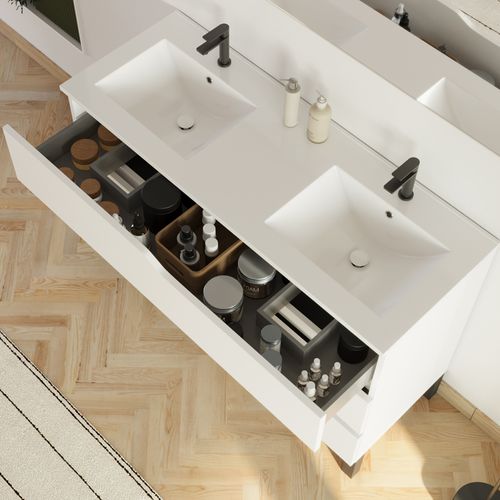 Meuble De Salle De Bain 120cm Avec Plan Double Vasque - 3 Tiroirs - Sans Miroir - Blanc - Mata