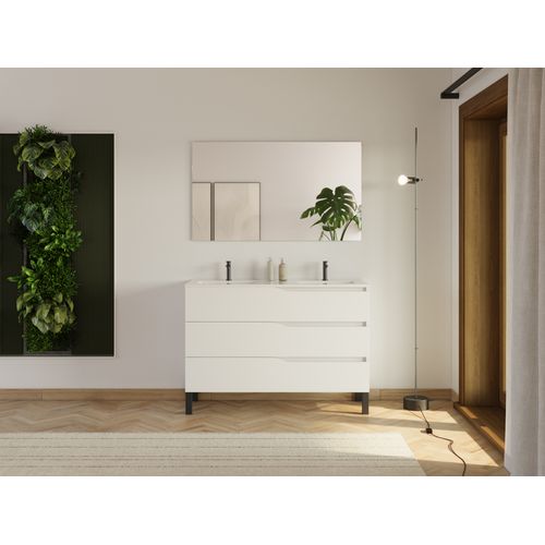 Meuble De Salle De Bain 120cm Avec Plan Double Vasque - 3 Tiroirs - Sans Miroir - Blanc - Mata