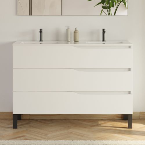 Meuble De Salle De Bain 120cm Avec Plan Double Vasque - 3 Tiroirs - Sans Miroir - Blanc - Mata