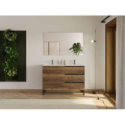 Meuble De Salle De Bain 120cm Avec Plan Double Vasque - 3 Tiroirs - Tabaco (chêne Foncé) - Mata