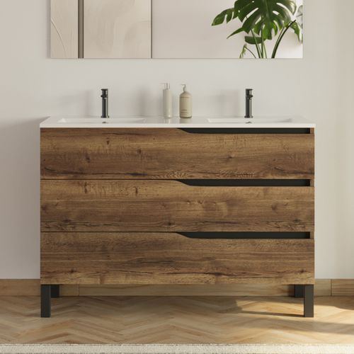 Meuble De Salle De Bain 120cm Avec Plan Double Vasque - 3 Tiroirs - Tabaco (chêne Foncé) - Mata