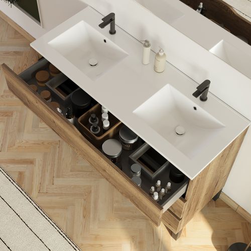 Meuble De Salle De Bain 120cm Avec Plan Double Vasque - 3 Tiroirs - Tabaco (chêne Foncé) - Mata