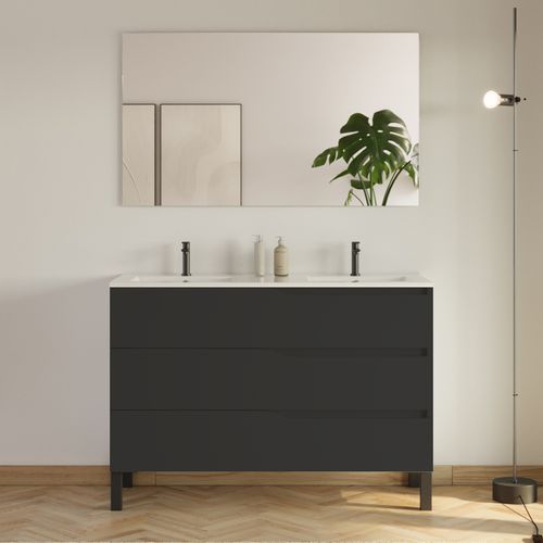 Meuble De Salle De Bain 120cm Avec Plan Double Vasque - 3 Tiroirs - Tabaco (chêne Foncé) - Mata