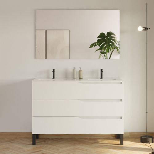 Meuble De Salle De Bain 120cm Avec Plan Double Vasque - 3 Tiroirs - Blanc - Mata