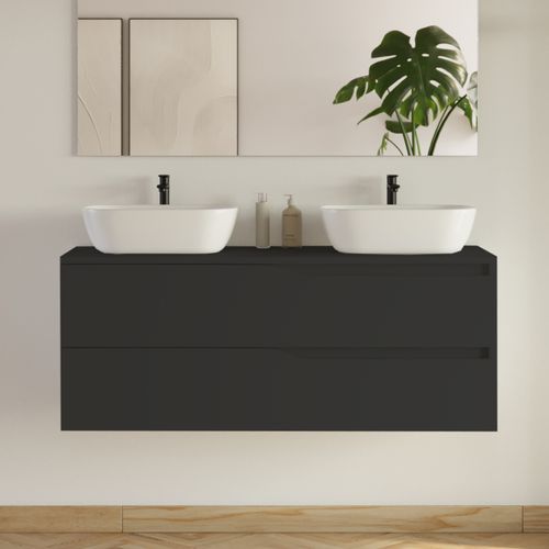 Meuble De Salle De Bain 120cm Avec Plateau Et 2 Vasques à Poser Zeus - 2 Tiroirs - Noir - Luna