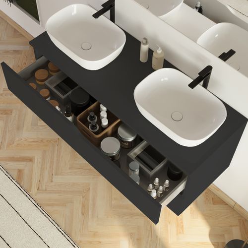 Meuble De Salle De Bain 120cm Avec Plateau Et 2 Vasques à Poser Zeus - 2 Tiroirs - Noir - Luna