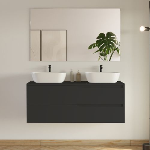 Meuble De Salle De Bain 120cm Avec Plateau Et 2 Vasques à Poser Zeus - 2 Tiroirs - Noir - Luna
