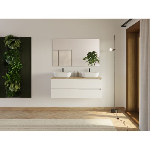 Meuble De Salle De Bain 120cm Avec Plateau Miel Et 2 Vasques à Poser Zeus - 2 Tiroirs - Blanc - Luna