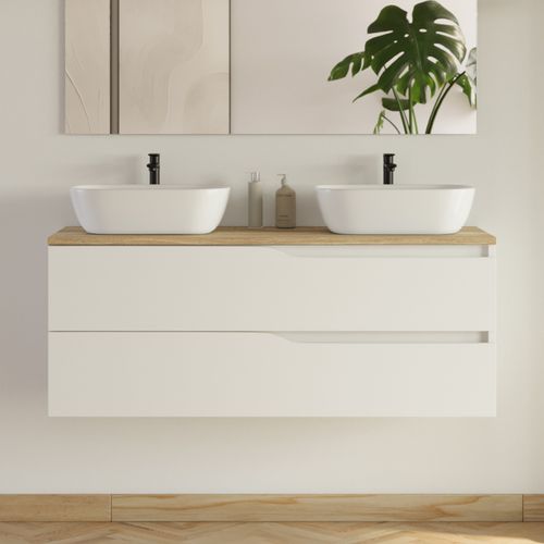 Meuble De Salle De Bain 120cm Avec Plateau Miel Et 2 Vasques à Poser Zeus - 2 Tiroirs - Blanc - Luna