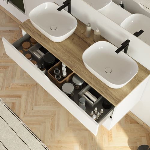 Meuble De Salle De Bain 120cm Avec Plateau Miel Et 2 Vasques à Poser Zeus - 2 Tiroirs - Blanc - Luna