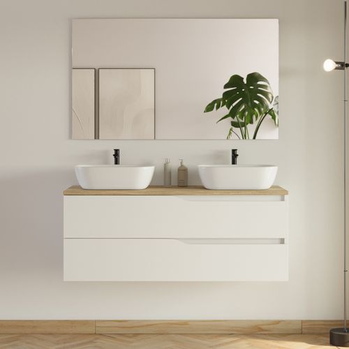 Meuble De Salle De Bain 120cm Avec Plateau Miel Et 2 Vasques à Poser Zeus - 2 Tiroirs - Blanc - Luna