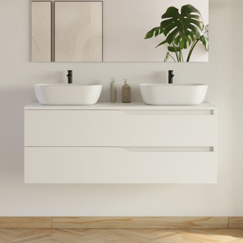Meuble De Salle De Bain 120cm Avec Plateau Et 2 Vasques à Poser Zeus - 2 Tiroirs - Blanc - Luna